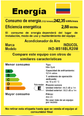 Aire Acondicionado Inducol Mini Split 18000 BTU 220 Voltios R410